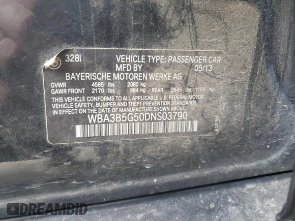 2013 BMW 3 Series 328i xDrive с VIN WBA3B5G50DNS03790, выставлен на аукционе Copart как лот 64799365 с пробегом Не указан миль и Списание • Salvage title. История ставок и продаж доступна на DreamBid. Изображение 12.