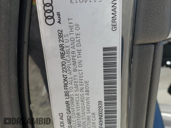 2017 Audi A4 Premium with VIN WAUGNAF40HN002939, listed as a Copart auction lot 45175745 with 131,903 mi miles and Salvage Title. Bid and sale history available at carsss.com. Image 13.