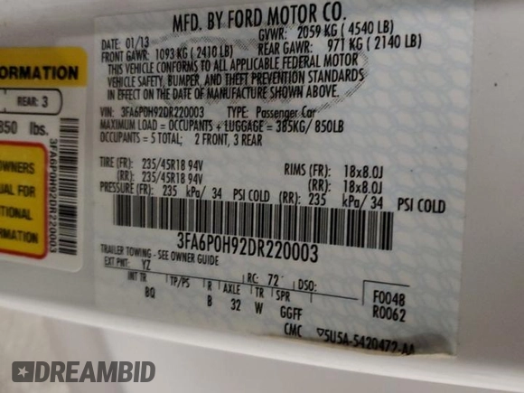 2013 Ford Fusion SE with VIN 3FA6P0H92DR220003, listed as a Copart auction lot 56728095 with 91,597 mi miles and Salvage title. Bid and sale history available at DreamBid. Image 12.