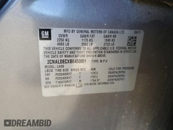 2011 Chevrolet Equinox 1LT with VIN 2CNALDECXB6450881, listed as a Copart auction lot 48920735 with 238,978 mi miles and Salvage Title. Bid and sale history available at DreamBid. Image 12.