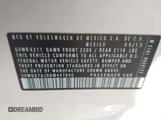 2013 Volkswagen Jetta SE с VIN 3VWDX7AJ9DM447830, выставлен на аукционе IAAI как лот 42310246 с пробегом 160 874 миль миль и . История ставок и продаж доступна на DreamBid. Изображение 9.