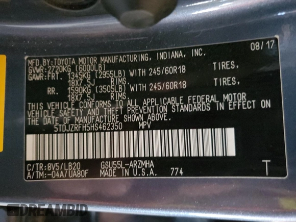 2017 Toyota Highlander XLE with VIN 5TDJZRFH5HS462350, listed as a Copart auction lot 63927495 with 143,051 mi miles and Salvage title. Bid and sale history available at DreamBid. Image 13.
