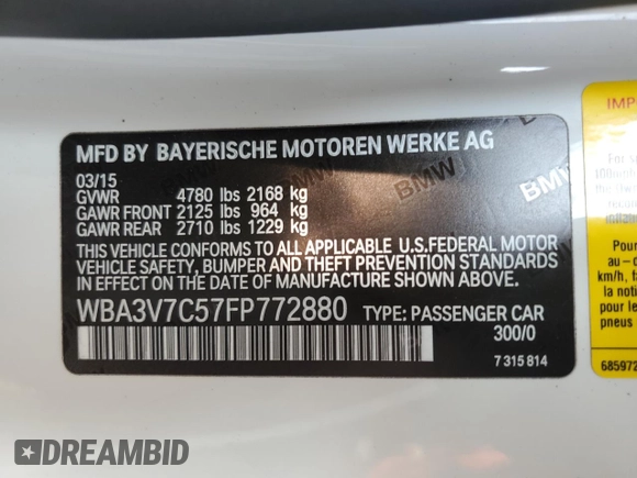 2015 BMW 4 Series 428i with VIN WBA3V7C57FP772880, listed as a Copart auction lot 62740295 with 107,673 mi miles and Salvage title. Bid and sale history available at DreamBid. Image 12.