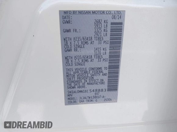 2014 Infiniti QX60 with VIN 5N1AL0MN1EC548883, listed as a IAAI auction lot 41965454 with 119,324 mi miles. Bid and sale history available at carsss.com. Image 9.