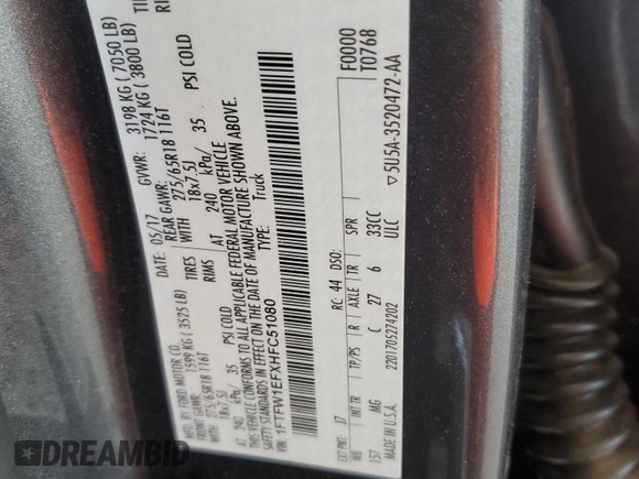 2017 Ford F-150 XL with VIN 1FTFW1EFXHFC51080, listed as a Copart auction lot 56466455 with 87,235 mi miles and Salvage title. Bid and sale history available at DreamBid. Image 12.
