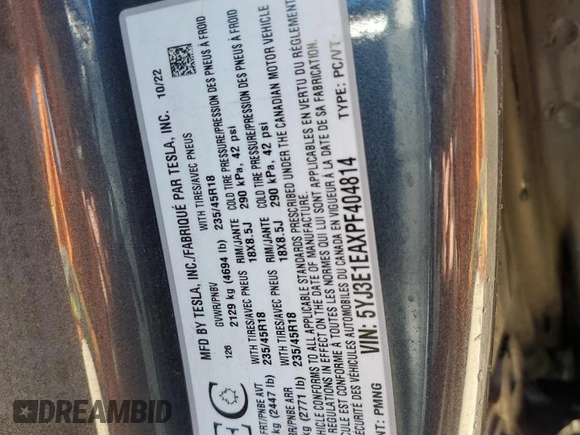 2023 Tesla Model 3 z VIN 5YJ3E1EAXPF404814, wystawiony jako Copart lot #56857105 z przebiegiem 59 360 mil mil oraz Czysty tytuł • Clean title. Historia ofert i sprzedaży dostępna na DreamBid. Obrazek 12.