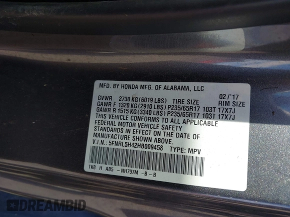 2017 Honda Odyssey EX z VIN 5FNRL5H42HB009458, wystawiony jako IAAI lot #42344461 z przebiegiem 102 226 mil mil oraz . Historia ofert i sprzedaży dostępna na DreamBid. Obrazek 9.