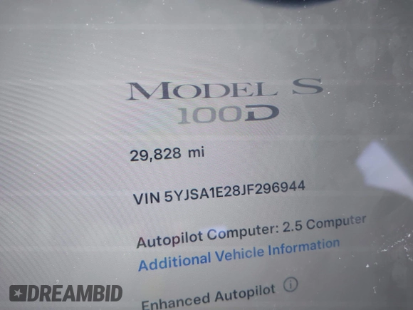 2018 Tesla Model S 75D with VIN 5YJSA1E28JF296944, listed as a IAAI auction lot 41298541 with 29,828 mi miles and . Bid and sale history available at DreamBid. Image 7.