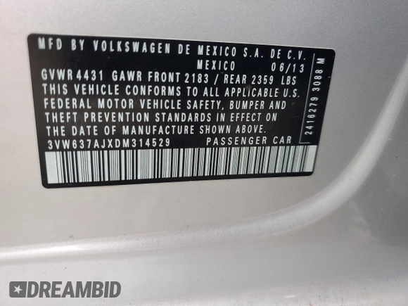 2013 Volkswagen Jetta Hybrid SE с VIN 3VW637AJXDM314529, выставлен на аукционе Copart как лот 56853775 с пробегом 149 097 миль миль и Чистый • Clean title. История ставок и продаж доступна на DreamBid. Изображение 12.