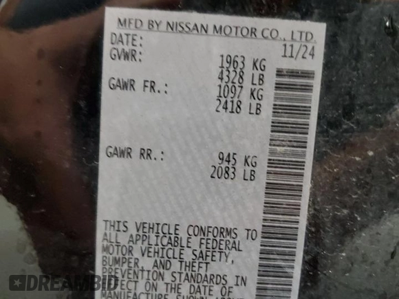 2025 Nissan Altima SV with VIN 1N4BL4DV1SN344137, listed as a Copart auction lot 54478405 with 11,118 mi miles and Clean Title. Bid and sale history available at DreamBid. Image 12.