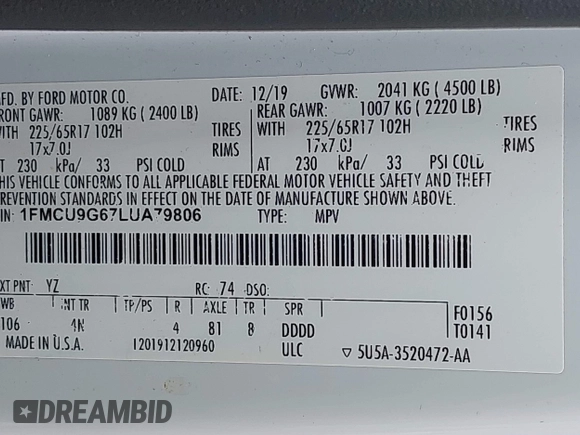 2020 Ford Escape SE with VIN 1FMCU9G67LUA79806, listed as a IAAI auction lot 42560963 with 103,070 mi miles and . Bid and sale history available at DreamBid. Image 9.