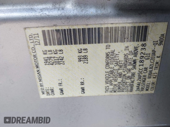 2012 Nissan Altima S z VIN 1N4AL2AP5CC189238, wystawiony jako IAAI lot #41686213 z przebiegiem 101 970 mil mil oraz . Historia ofert i sprzedaży dostępna na DreamBid. Obrazek 9.
