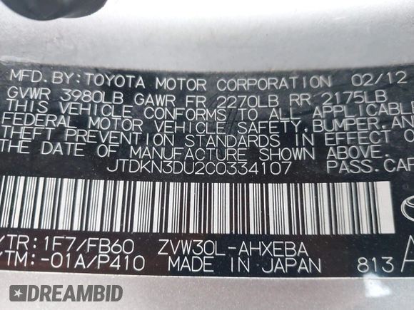 2012 Toyota Prius One with VIN JTDKN3DU2C0334107, listed as a IAAI auction lot 41891637 with 173,469 mi miles. Bid and sale history available at carsss.com. Image 9.