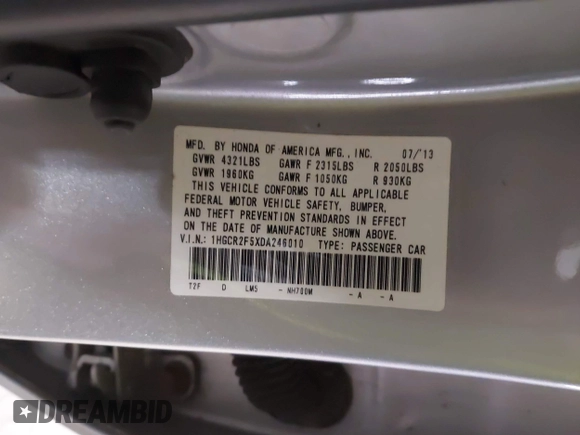 2013 Honda Accord Sport with VIN 1HGCR2F5XDA246010, listed as a IAAI auction lot 42050515 with 165,330 mi miles and . Bid and sale history available at DreamBid. Image 9.
