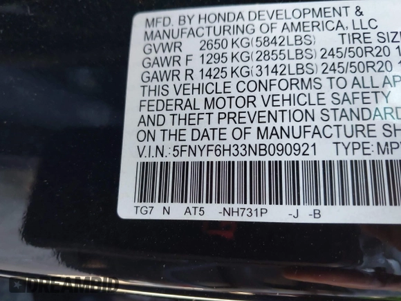 2022 Honda Pilot Sport with VIN 5FNYF6H33NB090921, listed as a IAAI auction lot 41371305 with 29,415 mi miles and . Bid and sale history available at DreamBid. Image 9.