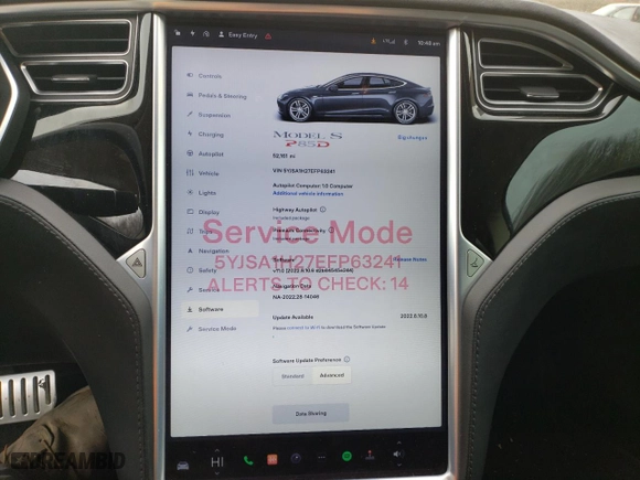2014 Tesla Model S P85D with VIN 5YJSA1H27EFP63241, listed as a Copart auction lot 35868263 with 52,161 mi miles. Bid and sale history available at carsss.com. Image 9.