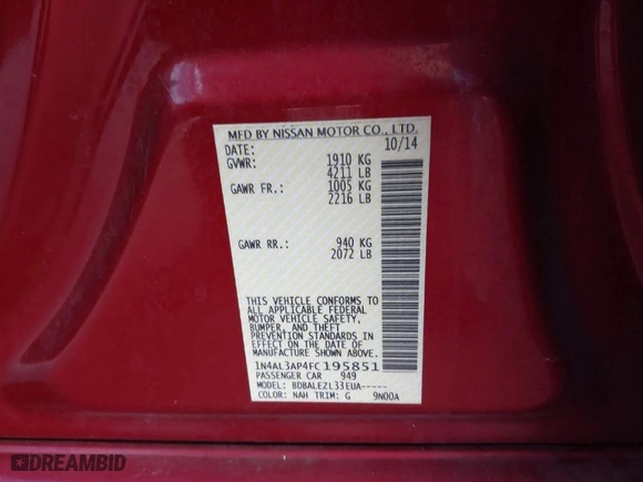 2015 Nissan Altima 2.5 S with VIN 1N4AL3AP4FC195851, listed as a IAAI auction lot 41959953 with 133,756 mi miles. Bid and sale history available at carsss.com. Image 9.