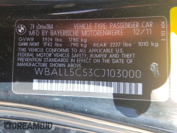 2012 BMW Z4 sDrive28i with VIN WBALL5C53CJ103000, listed as a Copart auction lot 47689465 with 0 mi miles and Salvage Title. Bid and sale history available at carsss.com. Image 12.