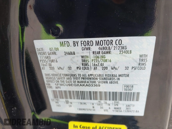 2010 Ford Escape Limited with VIN 1FMCU9EGXAKA03369, listed as a IAAI auction lot 42368670 with 168,272 mi miles and . Bid and sale history available at DreamBid. Image 9.