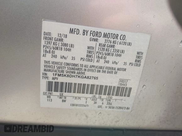 2019 Ford Explorer XLT с VIN 1FM5K8DH7KGA82765, выставлен на аукционе IAAI как лот 42344396 с пробегом 73 074 миль миль и . История ставок и продаж доступна на DreamBid. Изображение 9.