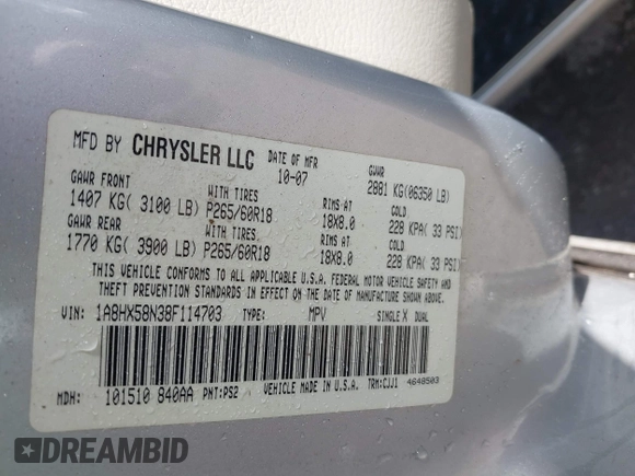 2008 Chrysler Aspen Limited with VIN 1A8HX58N38F114703, listed as a IAAI auction lot 42208555 with 255,050 mi miles and . Bid and sale history available at DreamBid. Image 9.