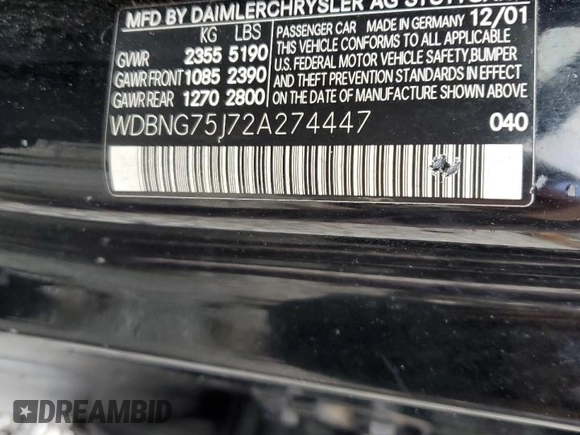 2002 Mercedes-Benz S-Class 5.0L with VIN WDBNG75J72A274447, listed as a Copart auction lot 45355435 with 0 mi miles and Salvage Title. Bid and sale history available at carsss.com. Image 13.