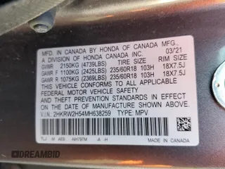 2021 Honda CR-V EX with VIN 2HKRW2H54MH638259, listed as a Copart auction lot 50884485 with 68,861 mi miles and Salvage Title. Bid and sale history available at carsss.com. Image 15.