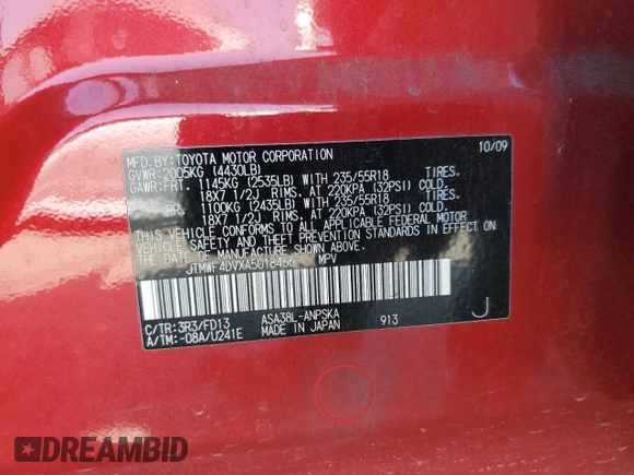 2010 Toyota RAV4 Sport with VIN JTMWF4DVXA5018466, listed as a Copart auction lot 62747385 with 180,769 mi miles and Salvage title. Bid and sale history available at DreamBid. Image 13.