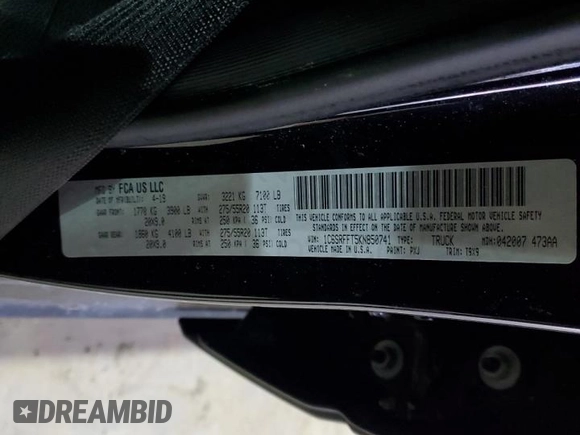 2019 Ram 1500 Big Horn/Lone Star with VIN 1C6SRFFT5KN850741, listed as a Copart auction lot 48044195 with 87,119 mi miles and Salvage Title. Bid and sale history available at carsss.com. Image 12.