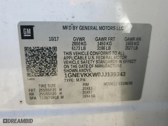 2018 Chevrolet Traverse High Country with VIN 1GNEVKKW0JJ139343, listed as a Copart auction lot 87722385 with 128,143 mi miles and Salvage Title. Bid and sale history available at carsss.com. Image 13.