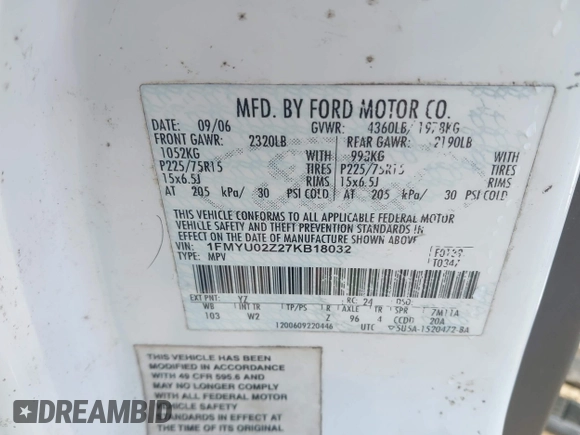 2007 Ford Escape XLS z VIN 1FMYU02Z27KB18032, wystawiony jako IAAI lot #42047295 z przebiegiem 163 348 mil mil oraz . Historia ofert i sprzedaży dostępna na DreamBid. Obrazek 9.