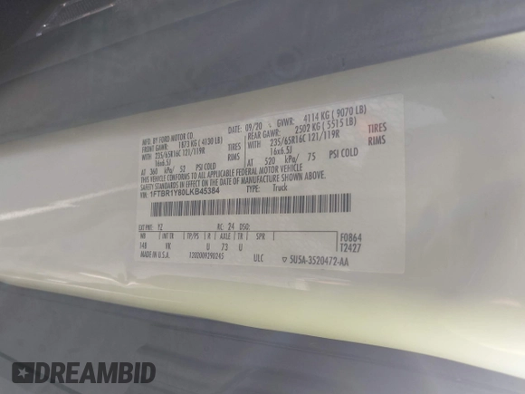 2020 Ford Transit Cargo with VIN 1FTBR1Y80LKB45384, listed as a IAAI auction lot 41479703 with 63,232 mi miles and . Bid and sale history available at DreamBid. Image 9.
