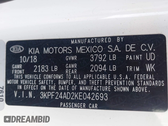 2019 Kia Forte LXS z VIN 3KPF24AD2KE042693, wystawiony jako IAAI lot #41902468 z przebiegiem 126 516 mil mil oraz . Historia ofert i sprzedaży dostępna na DreamBid. Obrazek 9.
