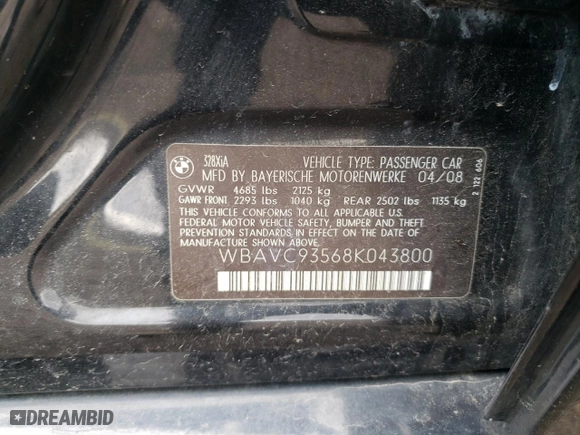 2008 BMW 3 Series 328xi with VIN WBAVC93568K043800, listed as a Copart auction lot 49830315 with 183,075 mi miles and Salvage Title. Bid and sale history available at carsss.com. Image 12.
