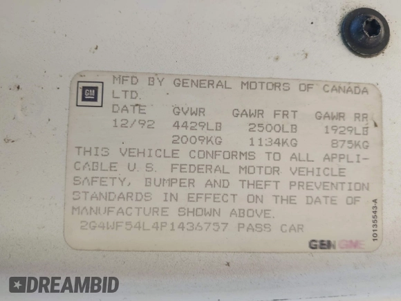 1993 Buick Regal with VIN 2G4WF54L4P1436757, listed as a IAAI auction lot 42078031 with 62,011 mi miles and . Bid and sale history available at DreamBid. Image 9.