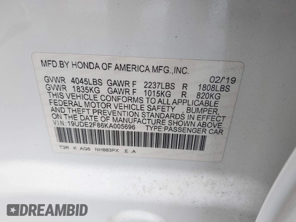 2019 Acura ILX Premium with VIN 19UDE2F86KA005696, listed as a IAAI auction lot 42490959 with 75,668 mi miles and . Bid and sale history available at DreamBid. Image 9.
