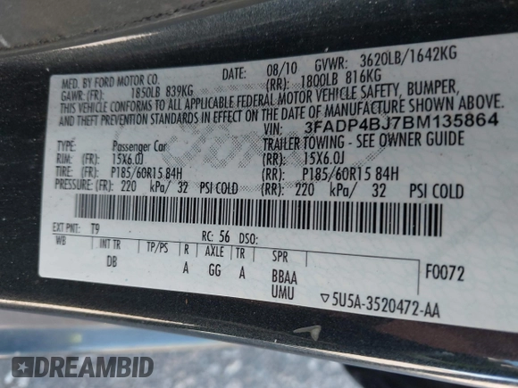 2011 Ford Fiesta SE with VIN 3FADP4BJ7BM135864, listed as a IAAI auction lot 42134479 with 118,573 mi miles. Bid and sale history available at carsss.com. Image 9.