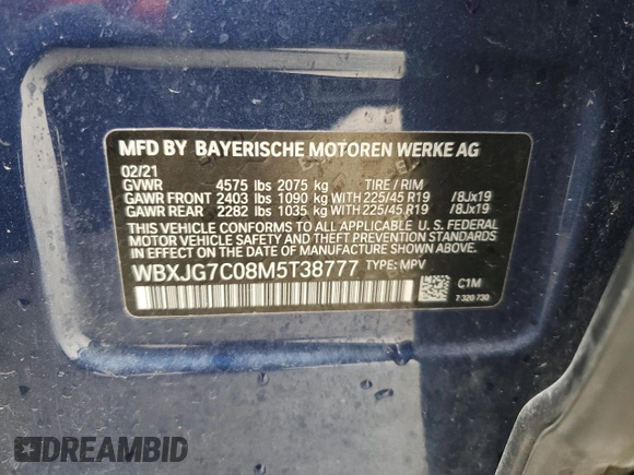 2021 BMW X1 sDrive28i with VIN WBXJG7C08M5T38777, listed as a Copart auction lot 53390985 with 32,148 mi miles and Salvage Title. Bid and sale history available at carsss.com. Image 13.