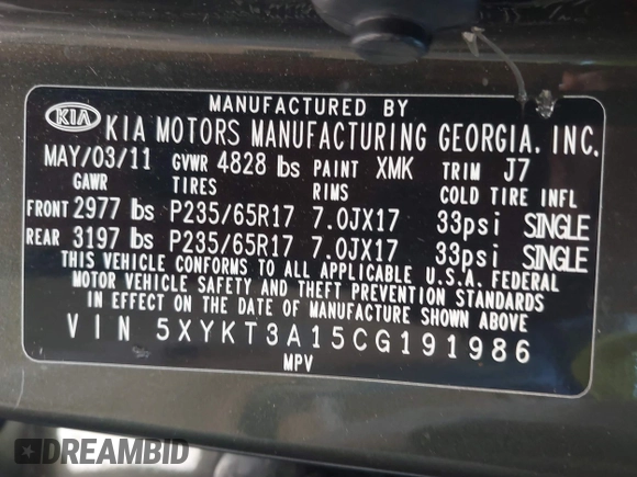 2012 Kia Sorento LX z VIN 5XYKT3A15CG191986, wystawiony jako IAAI lot #42261039 z przebiegiem 161 816 mil mil oraz . Historia ofert i sprzedaży dostępna na DreamBid. Obrazek 9.