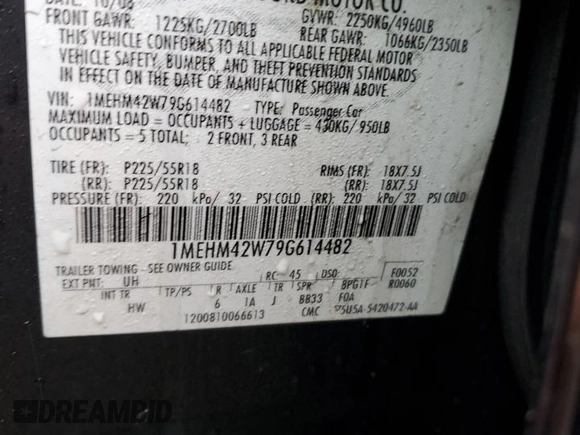 2009 Mercury Sable Premier with VIN 1MEHM42W79G614482, listed as a Copart auction lot 84599214 with 148,684 mi miles and Salvage Title. Bid and sale history available at carsss.com. Image 12.