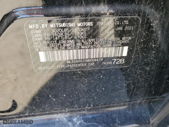 2021 Mitsubishi Mirage ES with VIN ML32AUHJ1MH004479, listed as a Copart auction lot 74747364 with 49,854 mi miles and Salvage Title. Bid and sale history available at carsss.com. Image 12.