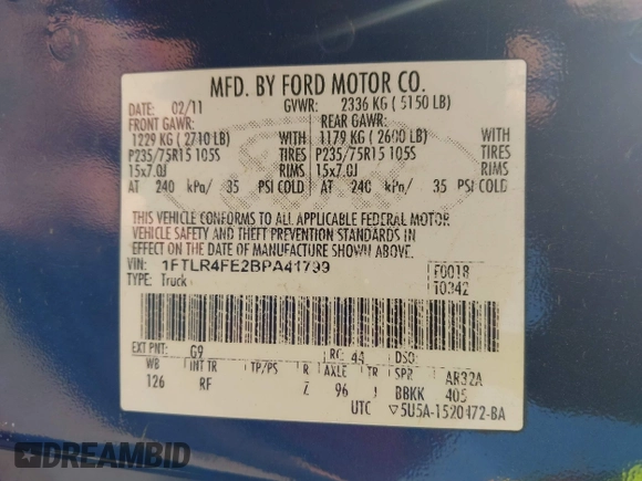2011 Ford Ranger XLT with VIN 1FTLR4FE2BPA41799, listed as a IAAI auction lot 42390457 with 154,477 mi miles and . Bid and sale history available at DreamBid. Image 9.