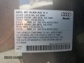 2012 Audi Q7 Premium Plus с VIN WA1LGAFE6CD004272, выставлен на аукционе Copart как лот 57313835 с пробегом 146 690 миль миль и Списание • Salvage title. История ставок и продаж доступна на DreamBid. Изображение 12.