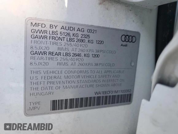 2021 Audi Q3 S line Premium Plus с VIN WA1EECF31M1103352, выставлен на аукционе Copart как лот 53702785 с пробегом 46 469 миль миль и На запчасти • Non repairable. История ставок и продаж доступна на DreamBid. Изображение 13.