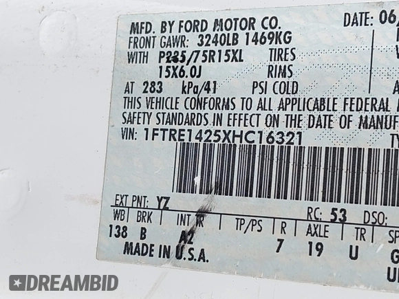 1999 Ford Econoline Cargo with VIN 1FTRE1425XHC16321, listed as a IAAI auction lot 40875096 with 253,355 mi miles and . Bid and sale history available at DreamBid. Image 9.