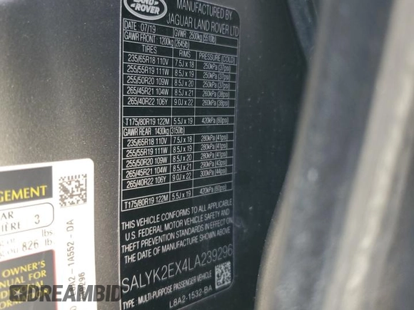 2020 Land Rover Range Rover Velar R-Dynamic S with VIN SALYK2EX4LA239296, listed as a Copart auction lot 53609615 with 89,264 mi miles and Salvage title. Bid and sale history available at DreamBid. Image 15.