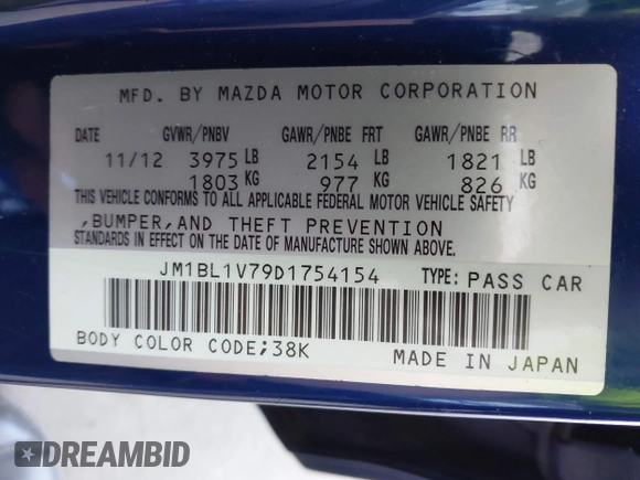 2013 Mazda 3 i Touring with VIN JM1BL1V79D1754154, listed as a IAAI auction lot 42576658 with 162,367 mi miles and . Bid and sale history available at DreamBid. Image 9.