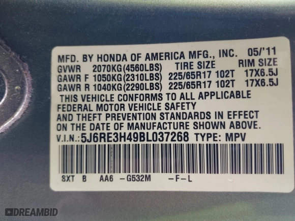 2011 Honda CR-V SE with VIN 5J6RE3H49BL037268, listed as a IAAI auction lot 42121531 with 230,017 mi miles. Bid and sale history available at carsss.com. Image 9.
