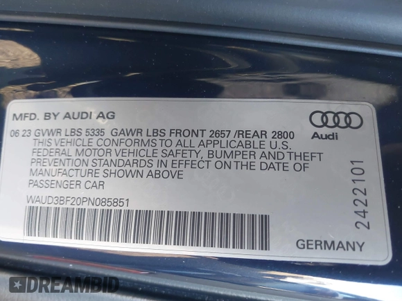 2023 Audi A6 Sedan Premium with VIN WAUD3BF20PN085851, listed as a IAAI auction lot 41451910 with 17,525 mi miles. Bid and sale history available at carsss.com. Image 9.