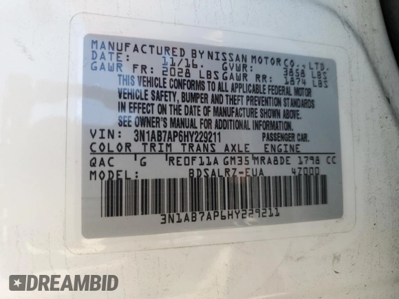2017 Nissan Sentra SV with VIN 3N1AB7AP6HY229211, listed as a Copart auction lot 56587935 with 76,090 mi miles and Salvage title. Bid and sale history available at DreamBid. Image 12.